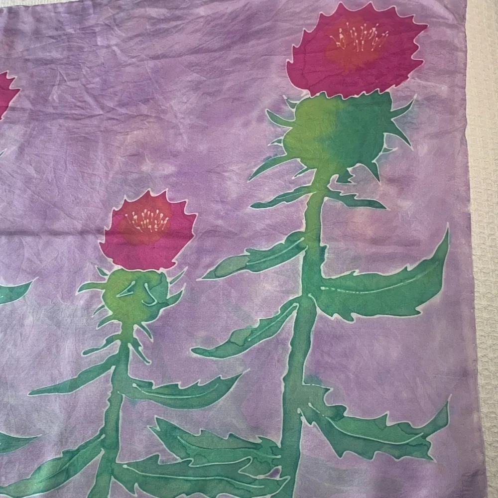 Lavender/Purple, pink and green floral silk scarf